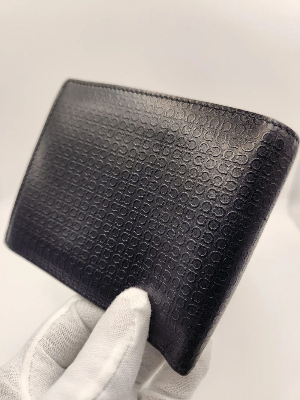 Salvatore Ferragamo Gancini Embossed Leather Bifold Wallet With Box